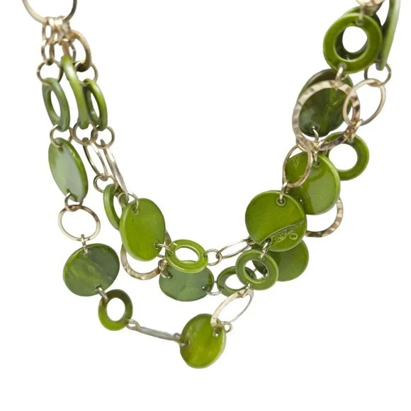 Multi Strand Green Disc Hammered Circle Chain Necklace Gold Tone Vintage - Picture 2 of 4